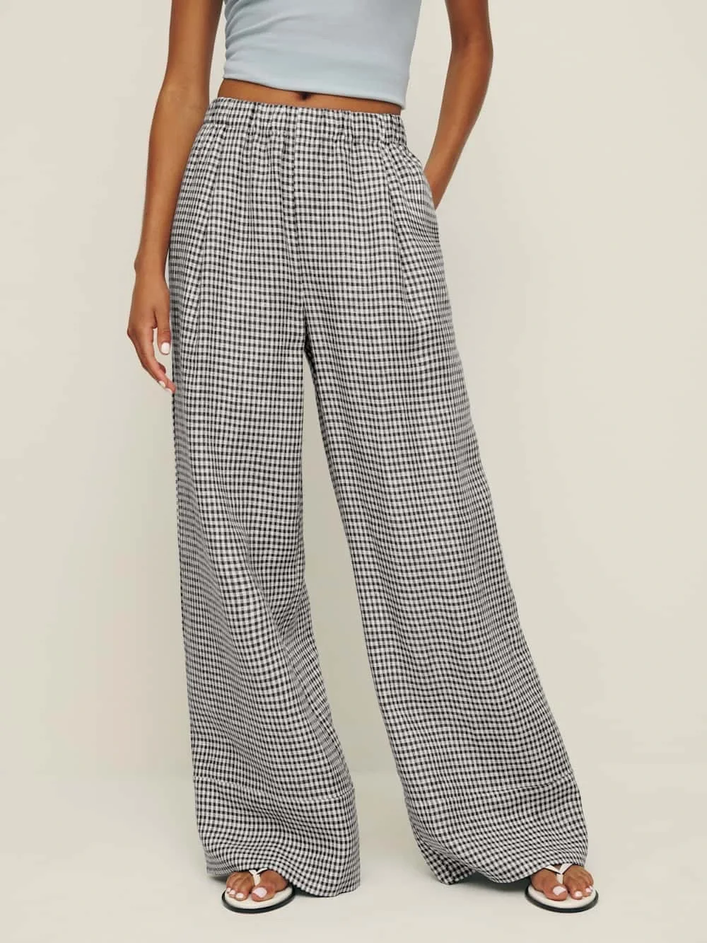 Reformation Fernando Linen Wide Leg Pant, Size XSP in Remy Check